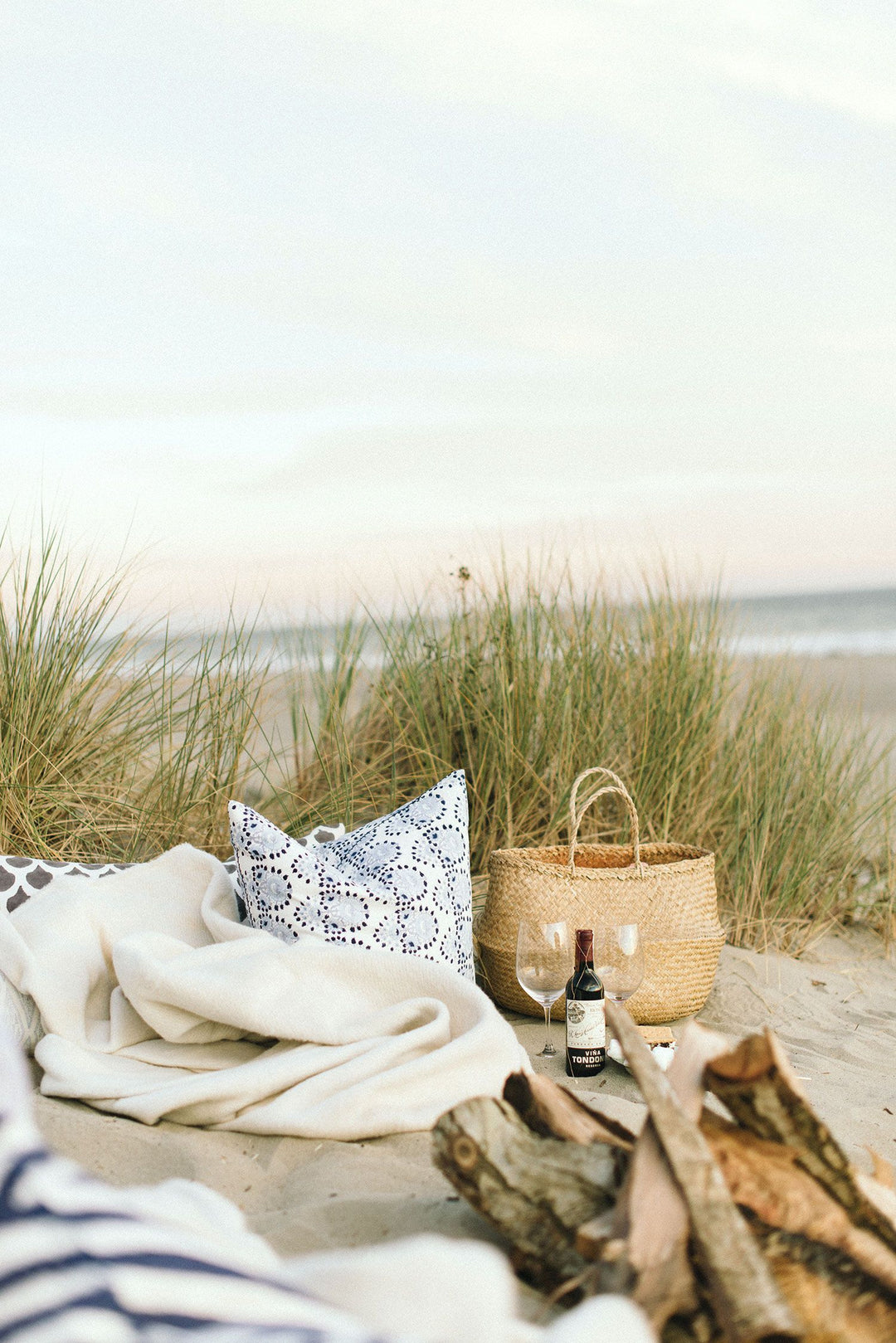 Beach Day with blanket, pillow, grass bag, wine and glasses