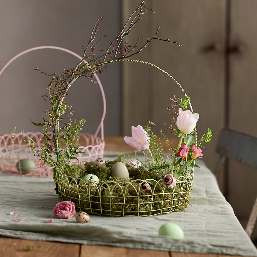 Easter basket with eggs and flowers