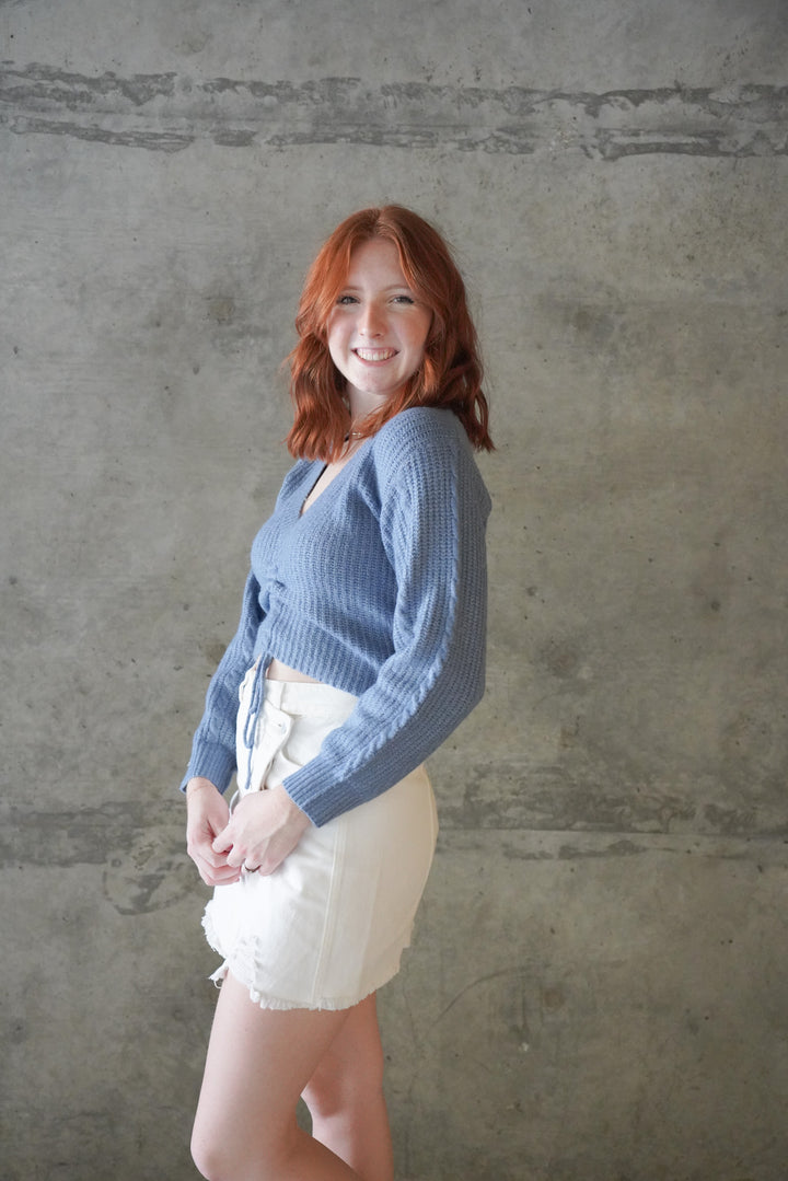 At Dusk Blue Ruched Tie Sweater