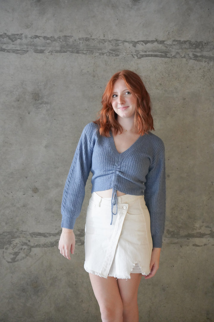 At Dusk Blue Ruched Tie Sweater
