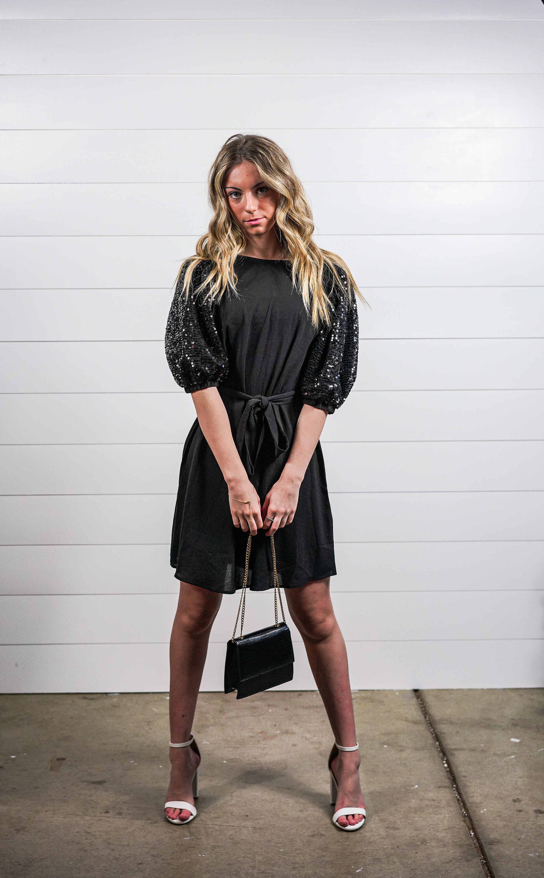 Black Party Dress With Sequin Puff Sleeves
