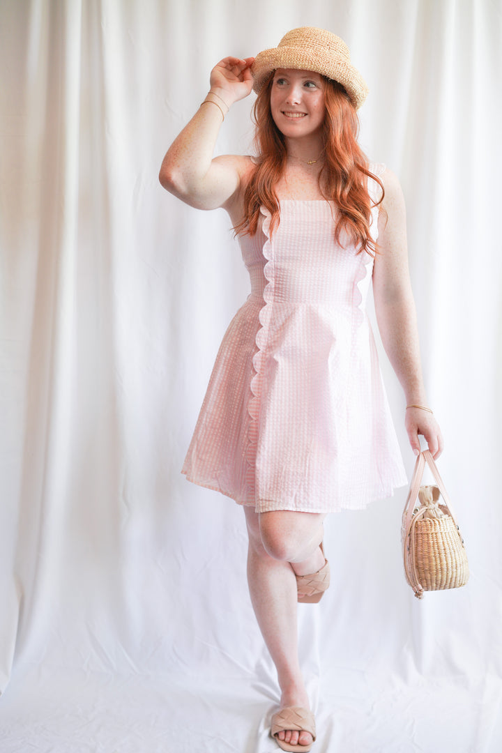 Pink Striped Mini Dress With Scalloped Details