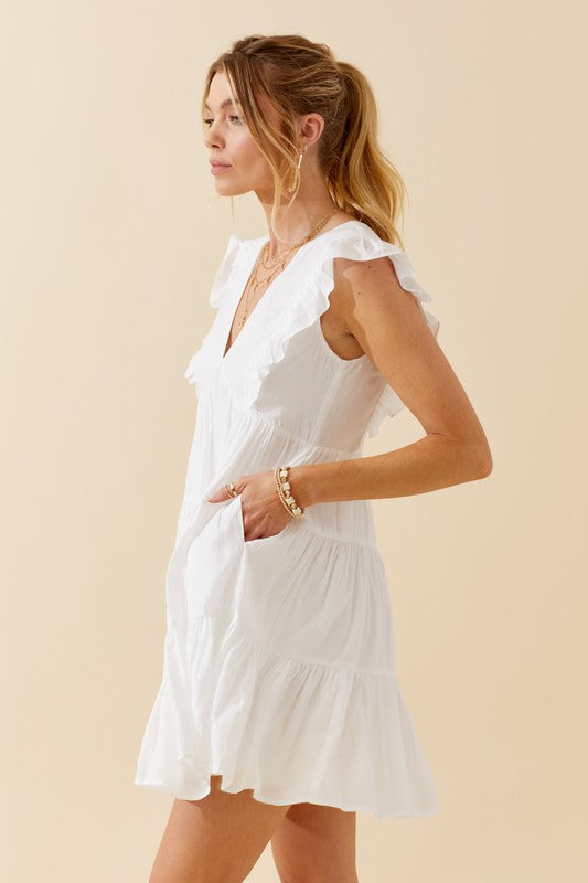 White Ruffle Dress With Pockets