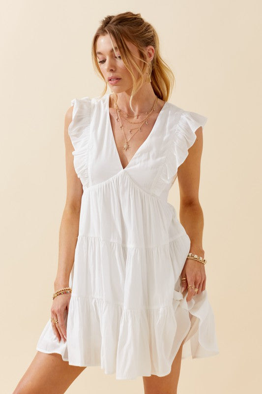 White Ruffle Dress With Pockets