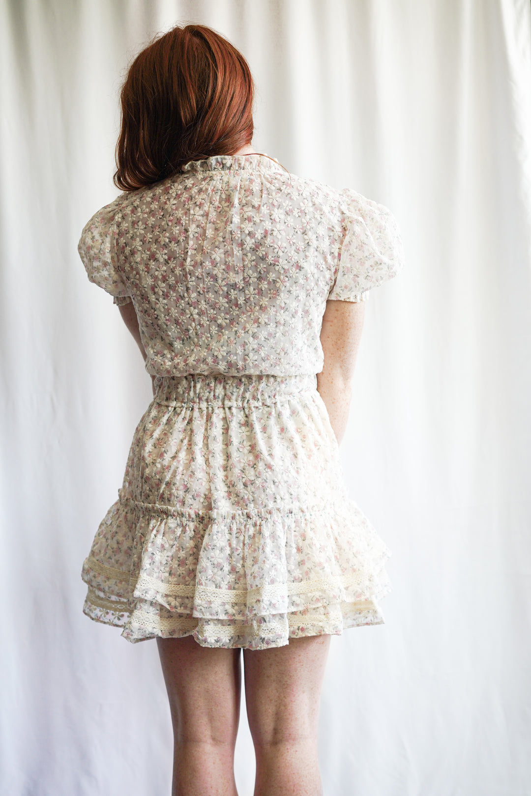  pink floral embroidery print dress with ruffle tier skirt 