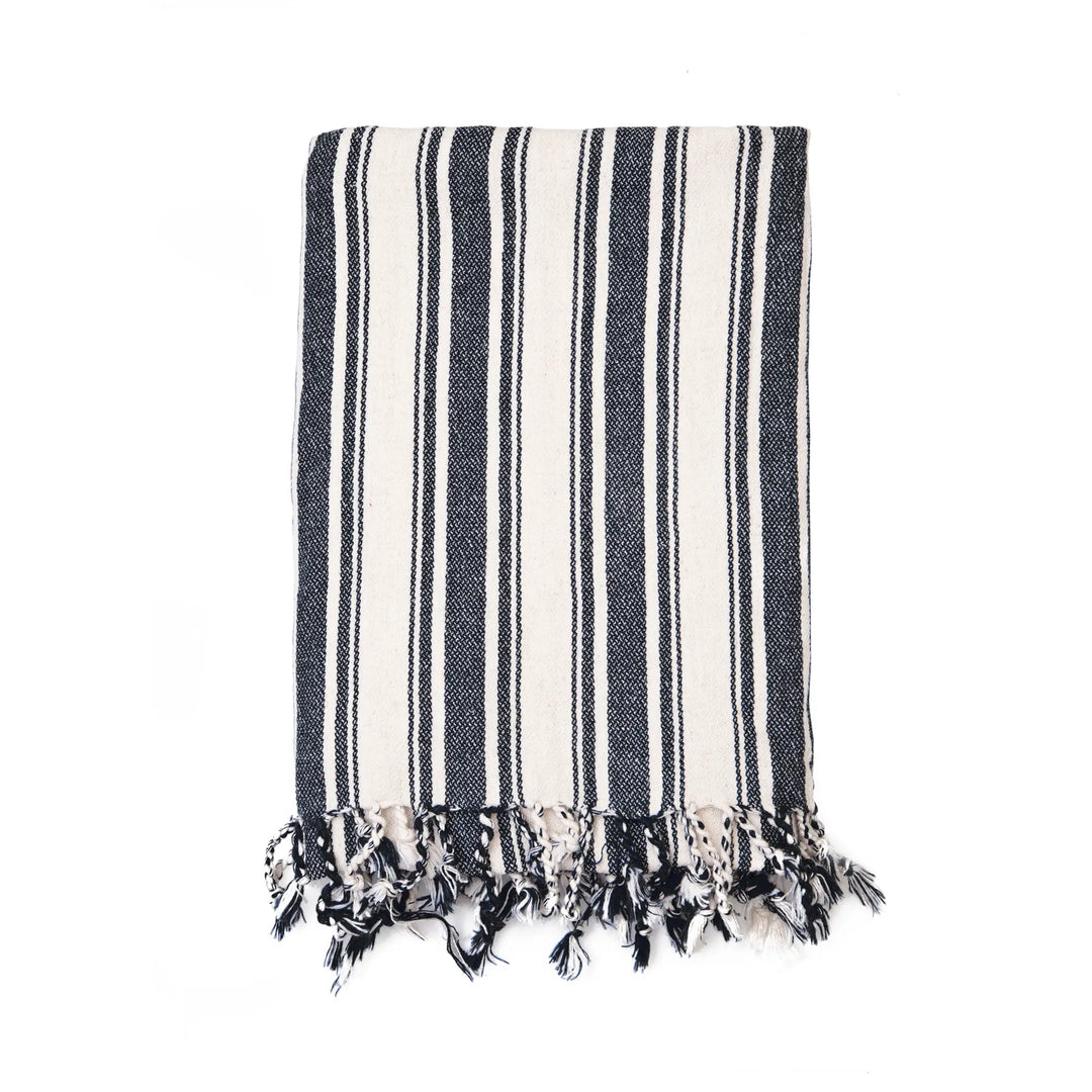 Navy and White Cotton Linen Blend Turkish Towel