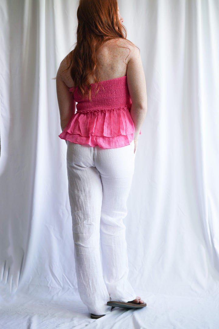 high-quality Italian white linen, these pants are extremely light and comfortable
