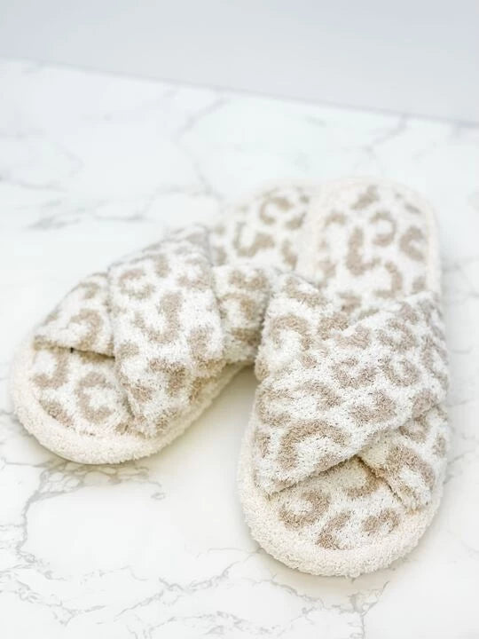 Leopard Criss Cross Fuzzy Slippers