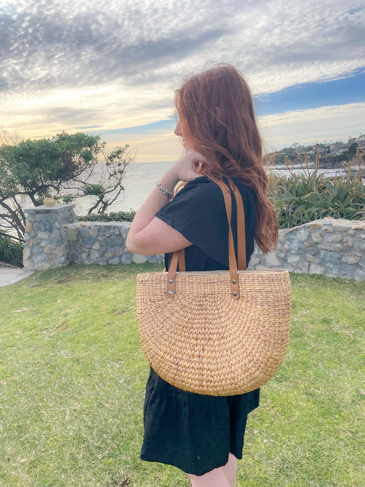 handwoven summer beach bag, market tote or everyday bag with faux leather handles