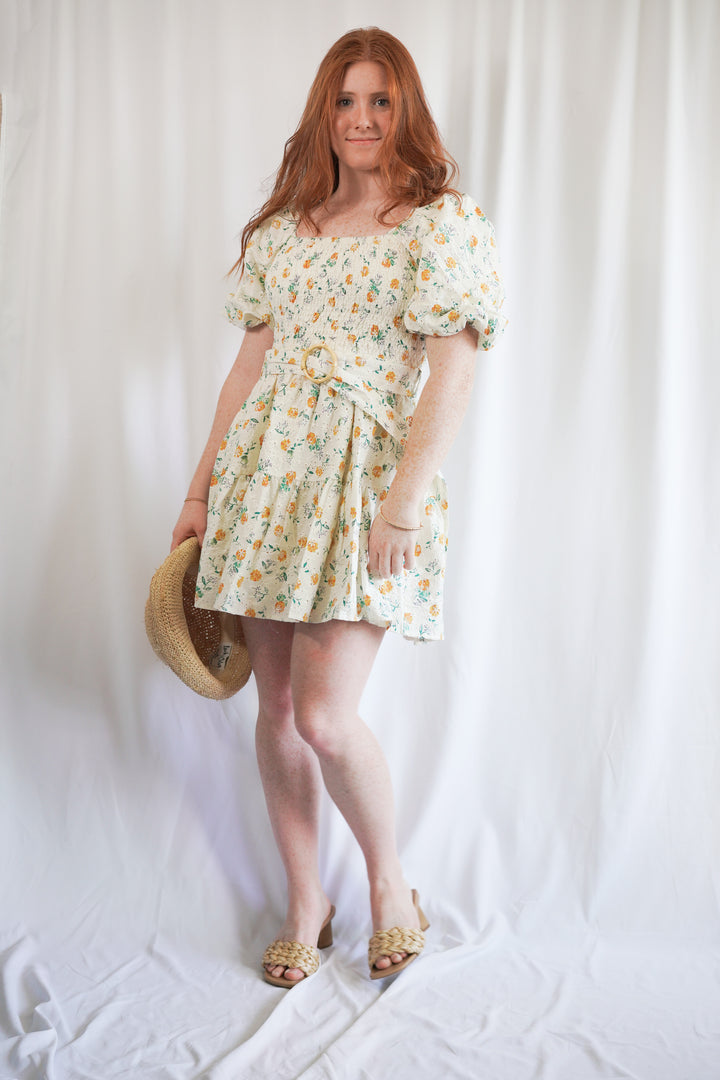 embroidered floral belted mini dress with a short puff sleeve and square neck