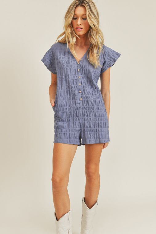 Crinkle Blue Button Down Romper