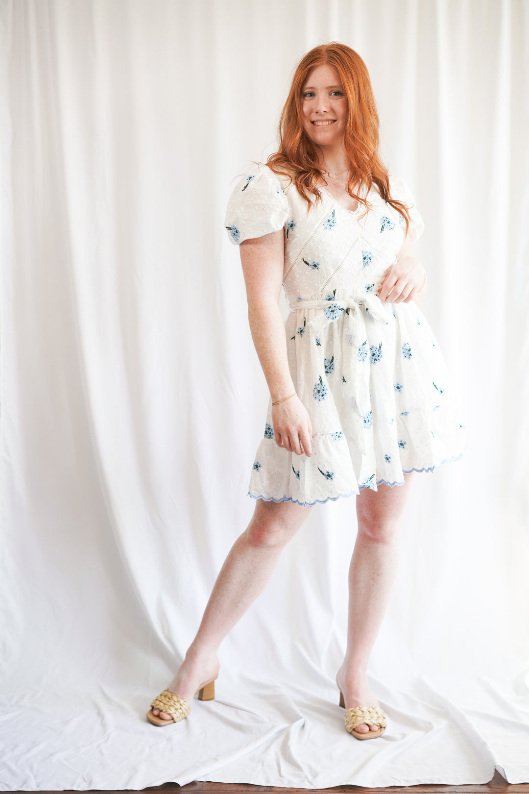 blue floral all-over eyelet detailed mini white dress with short sleeves 