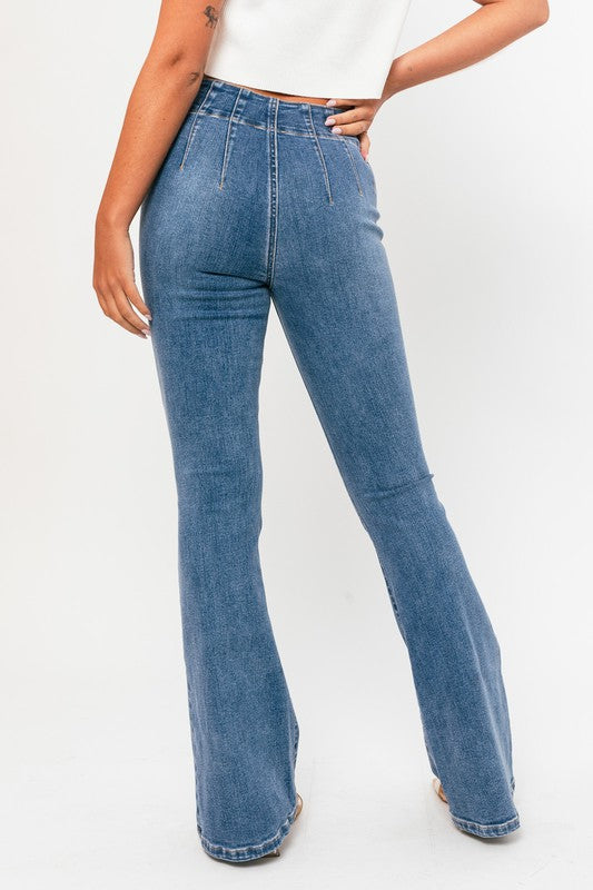 double button fly, dark wash stretch denim, and retro flare style
