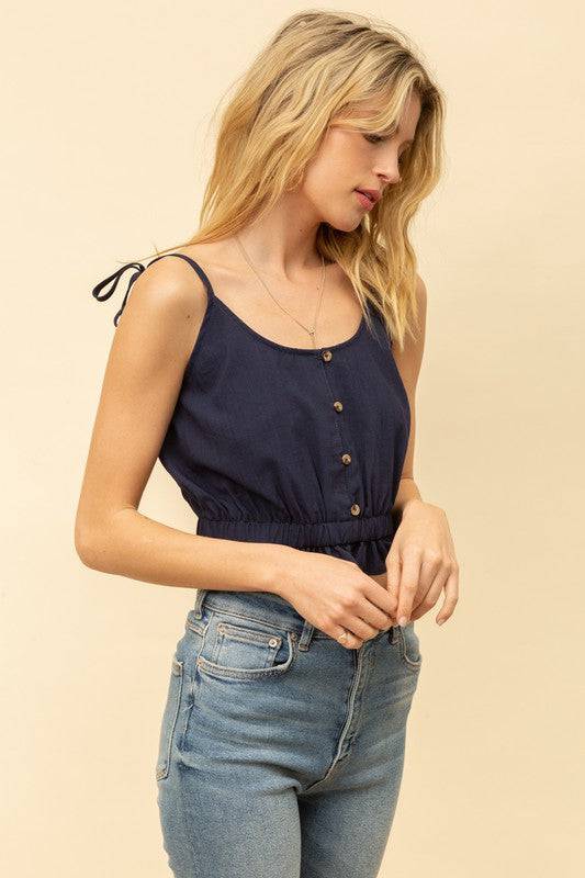 dark blue button crop top with buttons and spaghetti straps