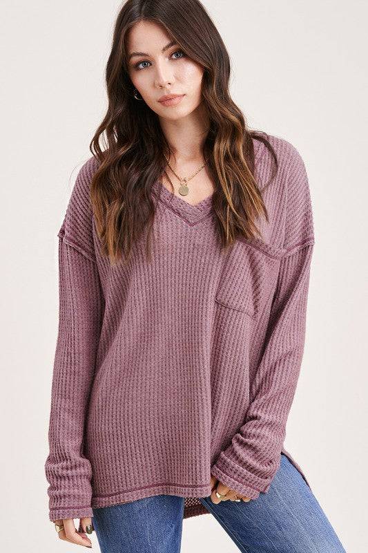 Tilly Brushed Waffle Top (Berry) - Isla Boutique