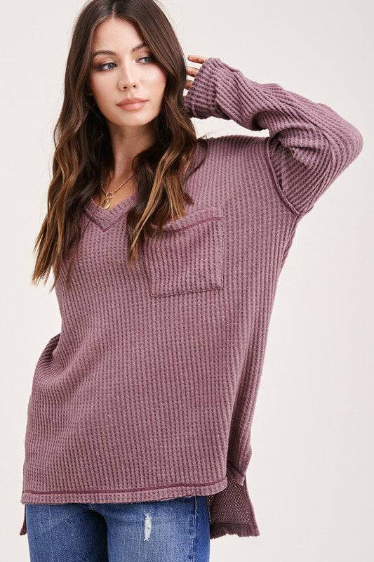 Tilly Brushed Waffle Top (Berry) - Isla Boutique