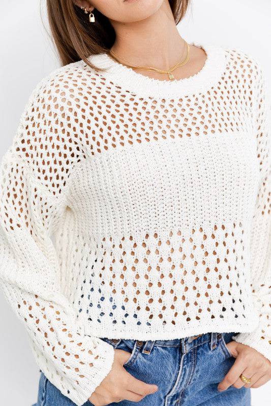 White Knit Crochet Sweater