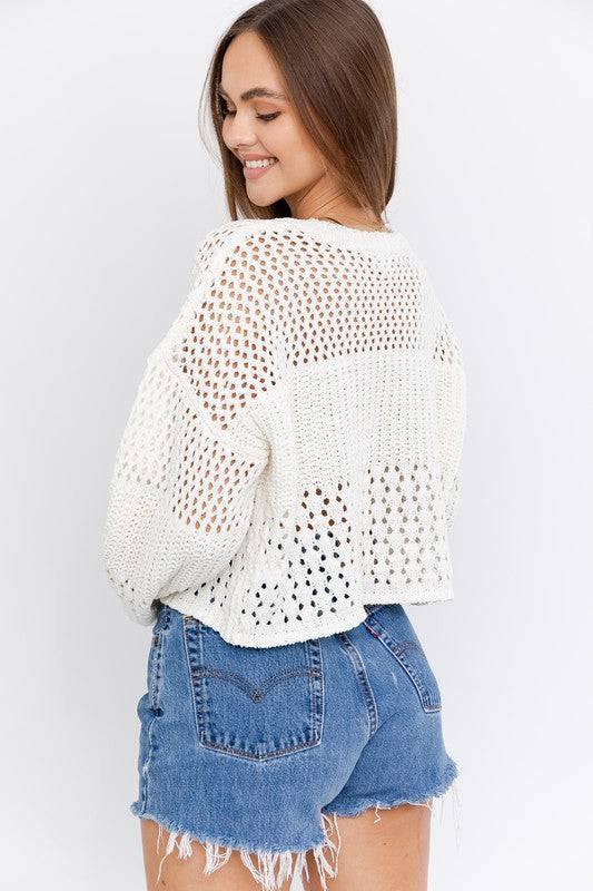White Knit Crochet Sweater