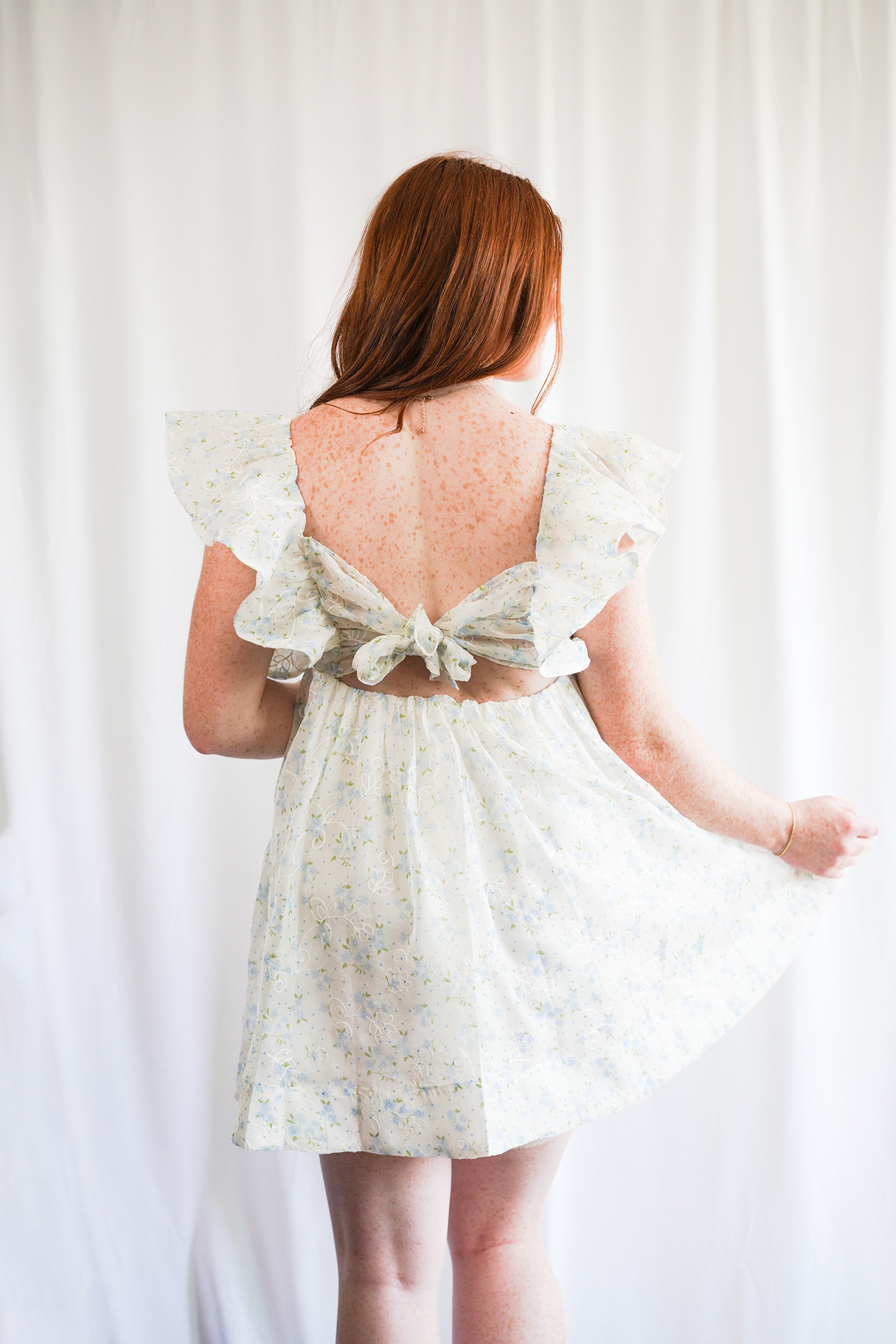 Blue Floral Printed Organza Dress