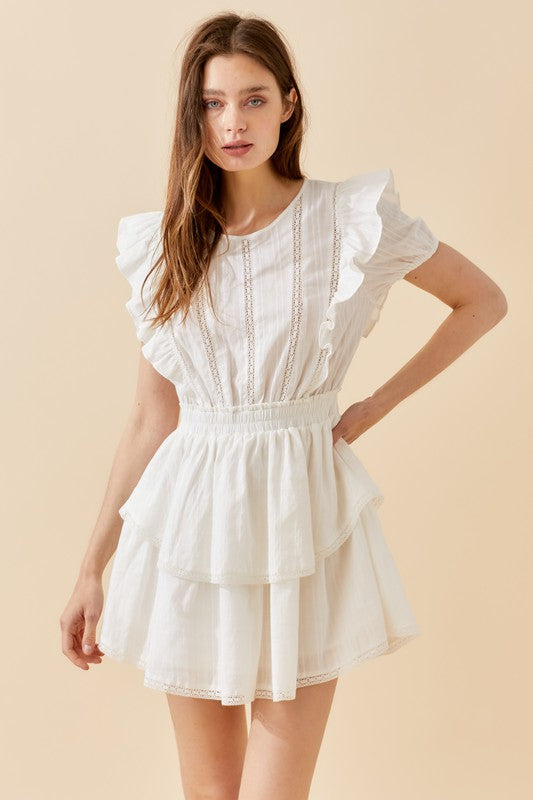 Ruffle and lace trim white dress