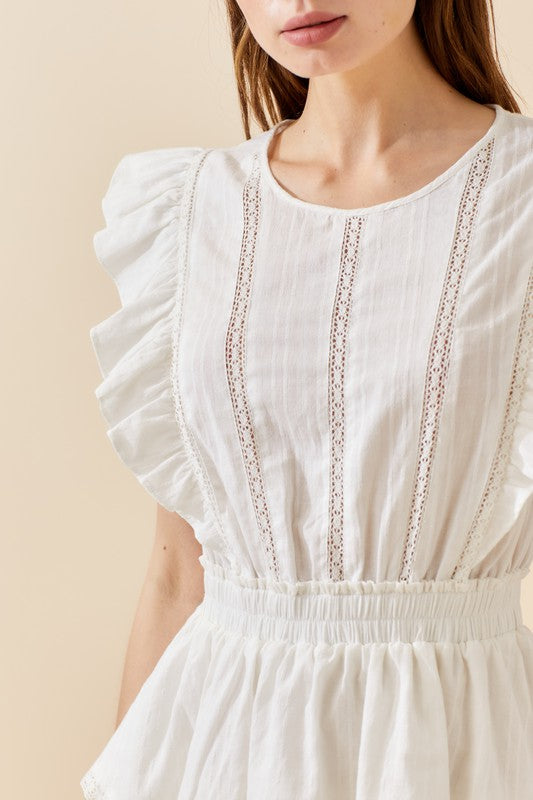 Ruffle and lace trim white dress