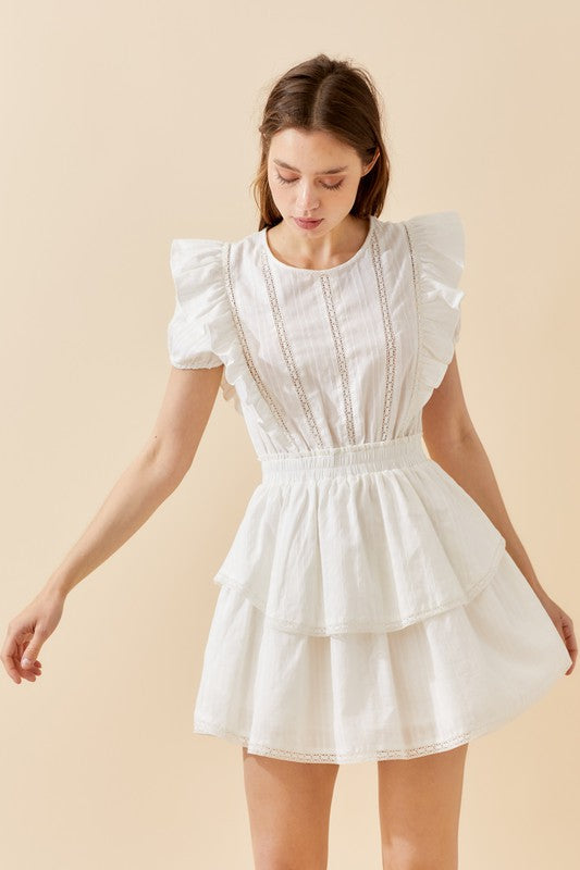 Ruffle and lace trim white dress