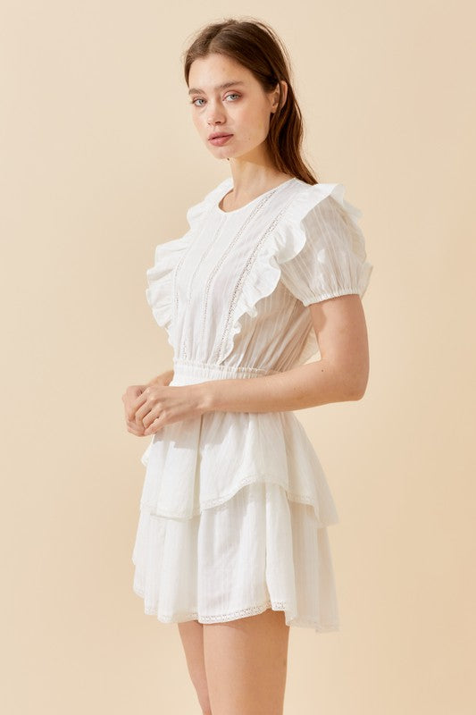 Ruffle and lace trim white dress