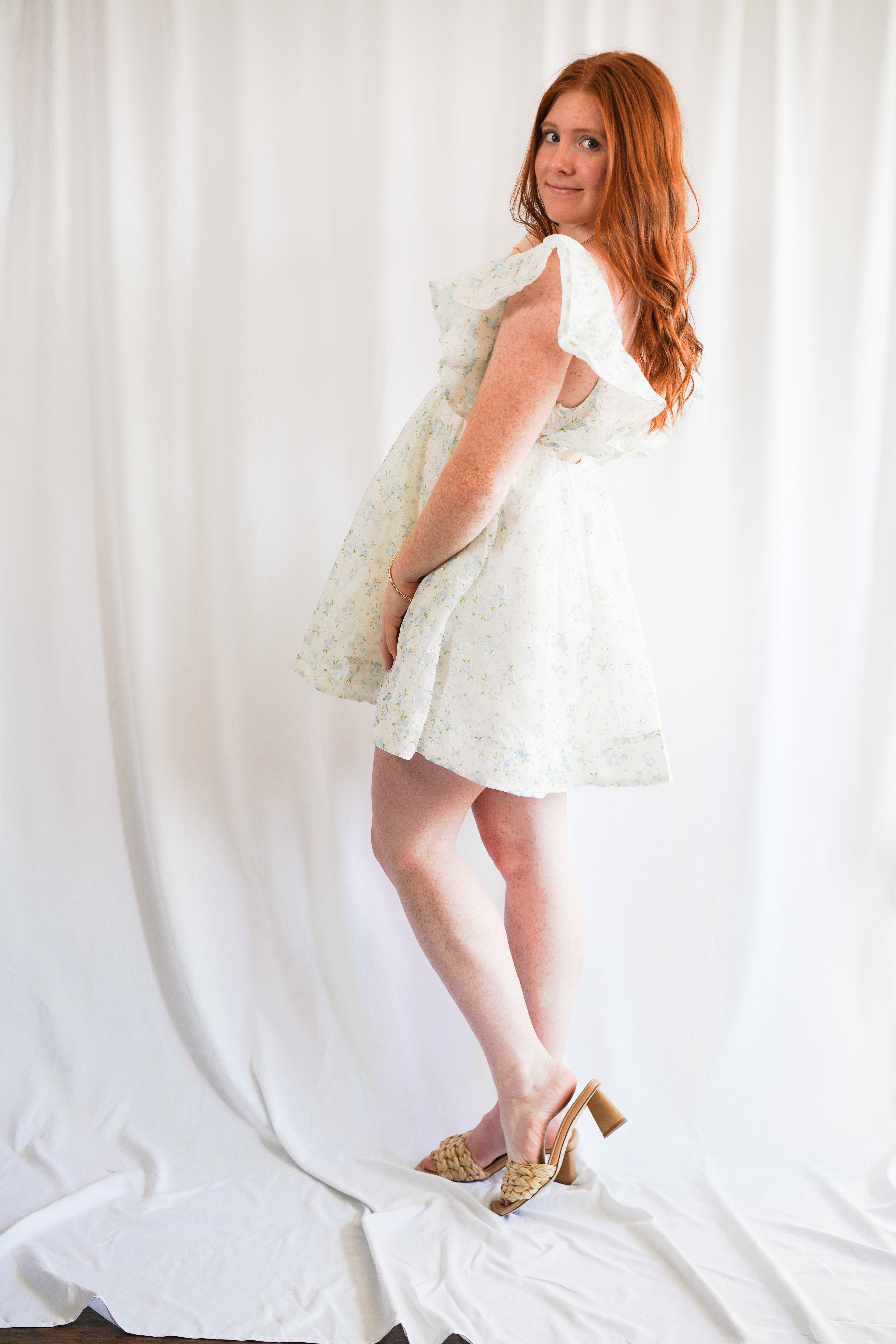 Blue Floral Printed Organza Dress