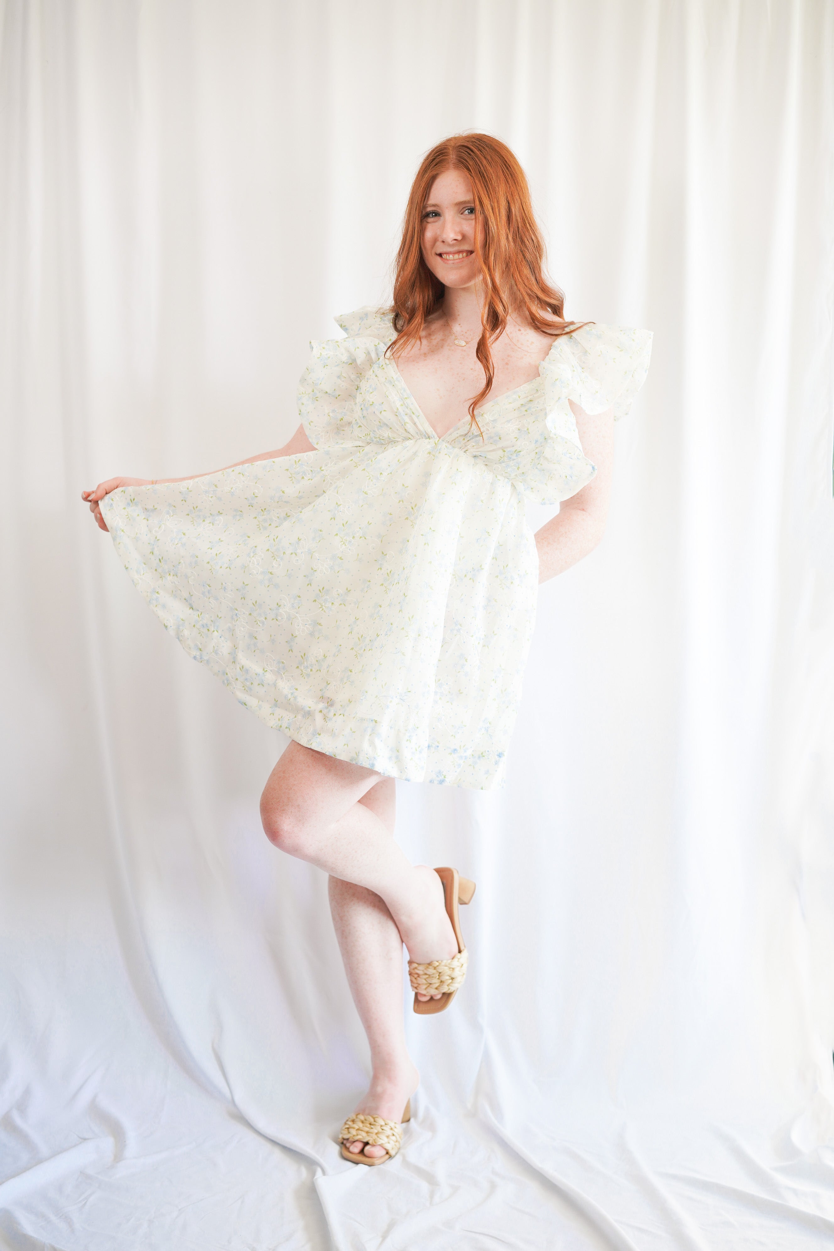 Blue Floral Printed Organza Dress