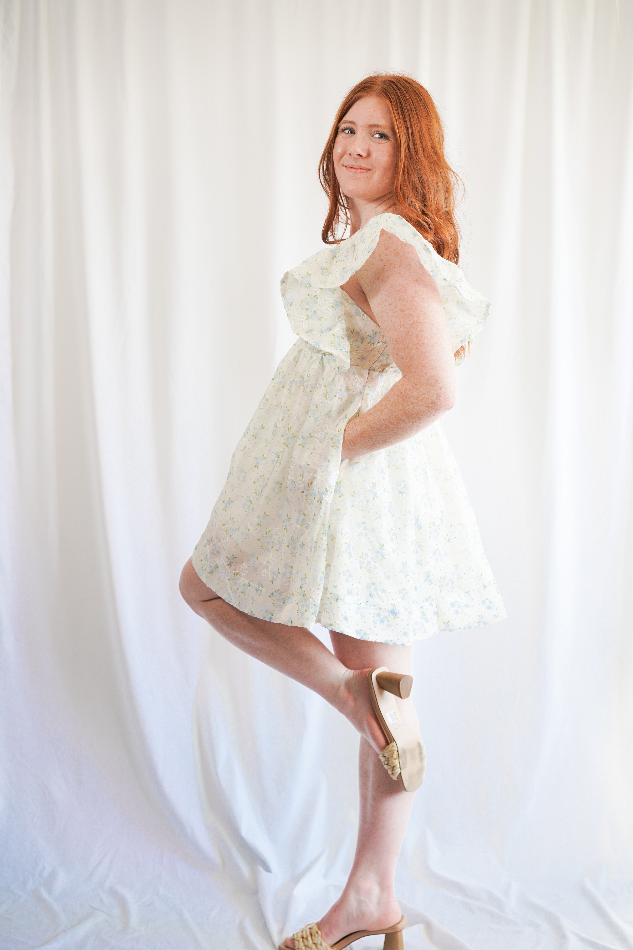 Blue Floral Printed Organza Dress