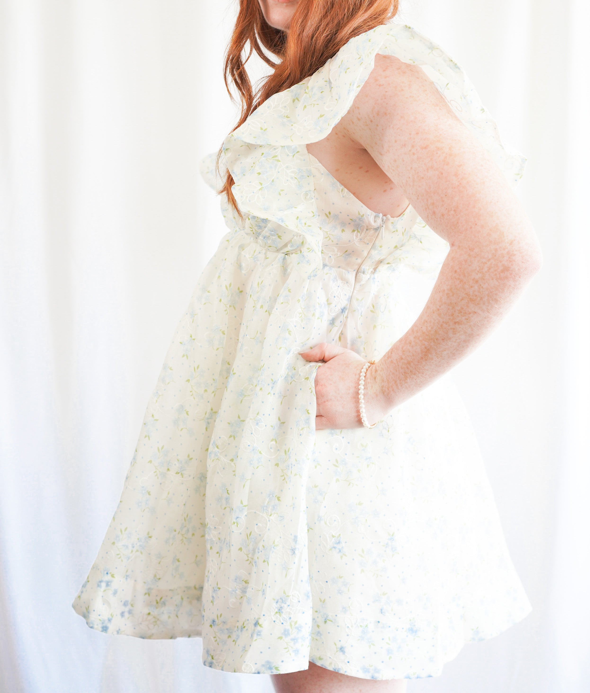 Blue Floral Printed Organza Dress