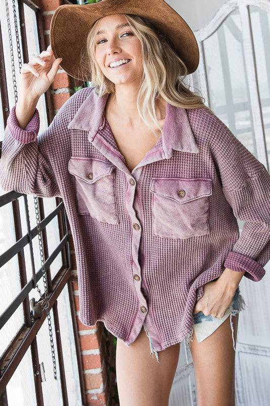 Mauve Waffle Button Up Shacket - Isla Boutique