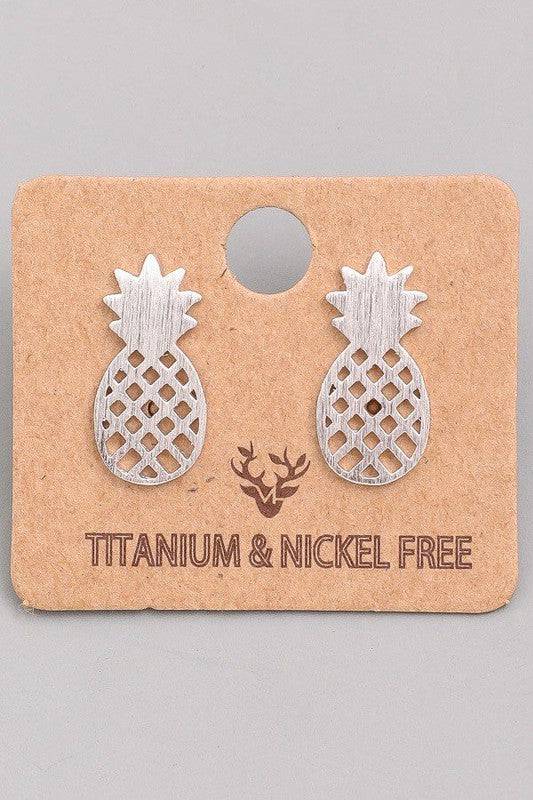 Silver Stud earrings that are titanium and nickel free. The earrings are int the shape of a pineapple